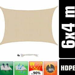 Amanka Sonnensegel|Sonnensegel-4 x 6 atmungsaktives UV Sonnensegel - Beige