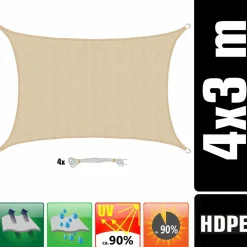 Amanka Sonnensegel|Sonnensegel-3 x 4 atmungsaktives UV Sonnensegel - Beige