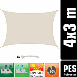 Amanka Sonnensegel|Sonnensegel^3 x 4 Wasserdichtes Sonnensegel mit Befestigung - Beige