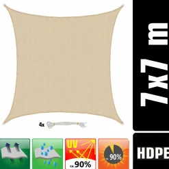 Amanka Sonnensegel|Sonnensegel^7x7m beiges HDPE wasserdurchlässiges Schattennetz