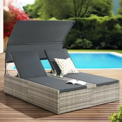 Juskys Gartenstühle-Syros Polyrattan Lounge Bed - Grey