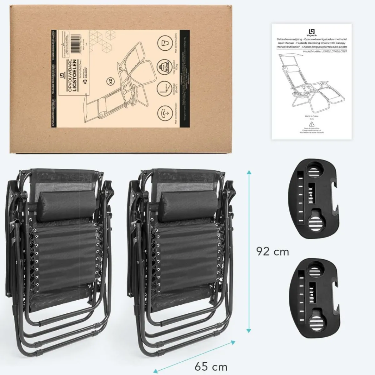 LifeGoods 2er-Set Relaxstühle mit Sonnendach - Black< Relaxstühle