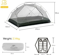 Markenlos 2 Personen Kuppelzelte|Trekkingzelte-Naturehike Mongar 2 Kuppelzelt - White
