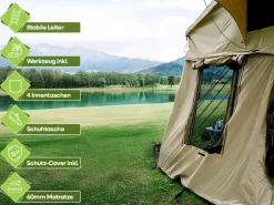 OutdoorU Family 4 Pers Dachzelt inkl. Vorzelt & Leiter - Grün< Dachzelte|4 Personen Dachzelte