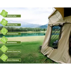 OutdoorU 5 Personen Dachzelte|Dachzelte^Family 5 Pers inkl. Vorzelt & Leiter - Khaki
