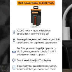 R2B 10000 mAh Powerbank mit integrierten Kabeln< Powerbanks