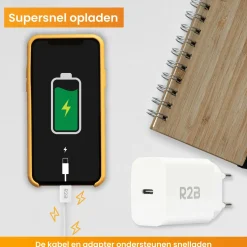 R2B Tv Kabel & Stecker-1 Meter weißes USB-C Kabel mit USB-C Ladegerät