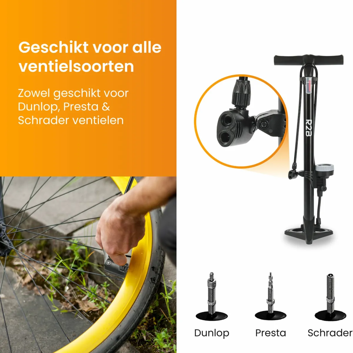R2B Fahrradpumpe mit Manometer – Doppelventilkopf< Fahrradpumpen