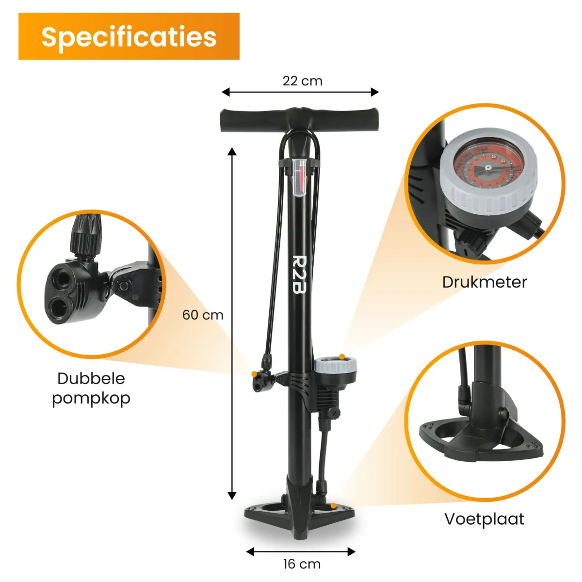 R2B Fahrradpumpe mit Manometer – Doppelventilkopf< Fahrradpumpen