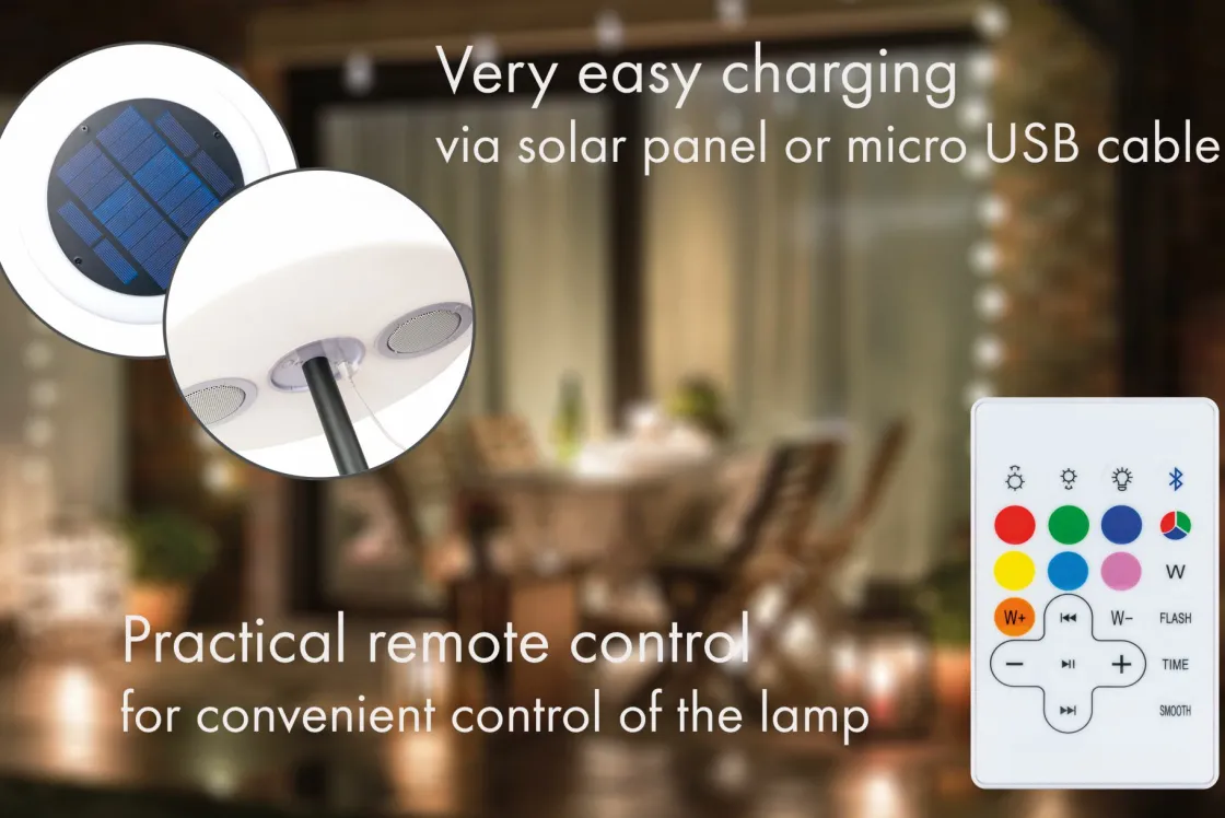 Schwaiger Campinglampen Aufladbar|Campinglampen Aufladbar-LED Solar Außenstehleuchte mit Bluetooth Lautsprecher