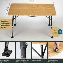 Skandika Höhenverstellbare Campingtische^Tobro Bambus Campingtisch - 120 x 70 cm