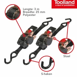 Markenlos Chassiszubehör^Toolland ARAT11X2 2-teiliger Spanngurt-Set mit Ratsche - 3 Meter