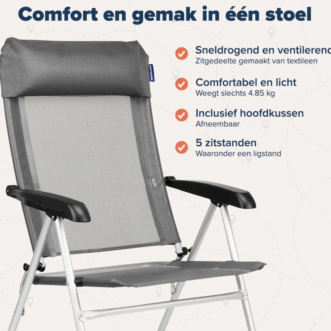 TRVLMORE Campingstühle Mit Verstellbarer Rückenlehne|Klappstühle^5 Positionen Campingstuhl - Grey